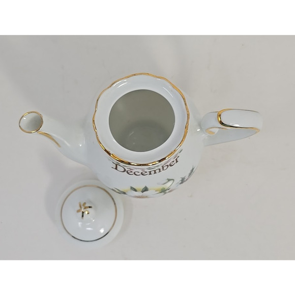 Golden Crown E& R Germany 3 1/2 in Mini Birthday Teapot White Floral December - Picture 6 of 9